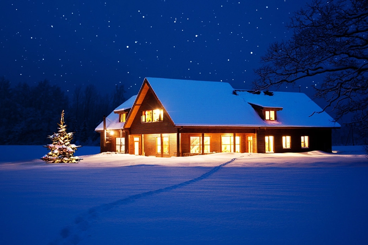 Image of a house with lights on in the snow